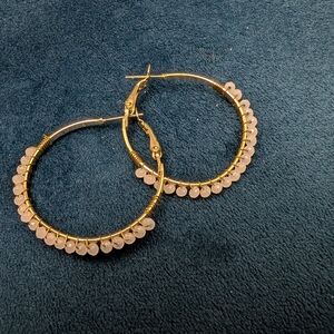 Gold Tone Wire Wrapped Beaded Hoop Pierced Earrings 1 1/8"